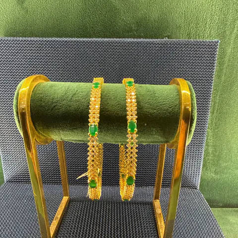Triple-Row Green Accent Bangles (Pair) — Silver 92.5