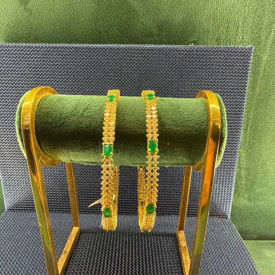 Triple-Row Green Accent Bangles (Pair) — Silver 92.5