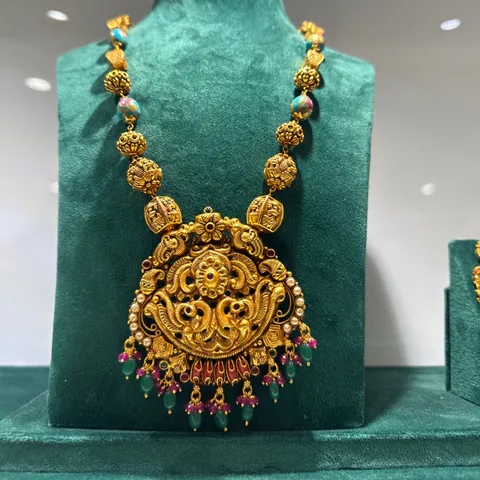 Temple Peacock Long Necklace Set — Silver 92.5