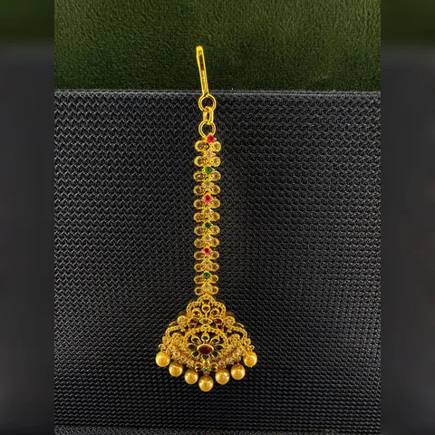 Long Stone-Chain Maang Tikka with Gold Beads — Silver 92.5
