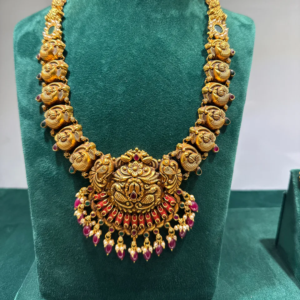 Peacock Temple Haram with Ganesha Studs — Silver 92.5