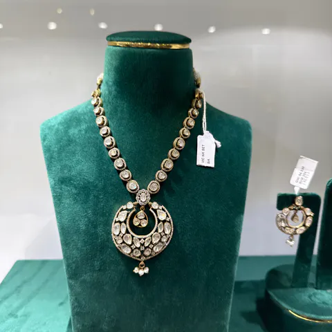 Polki-Style Chandbali Necklace Set — Silver 92.5