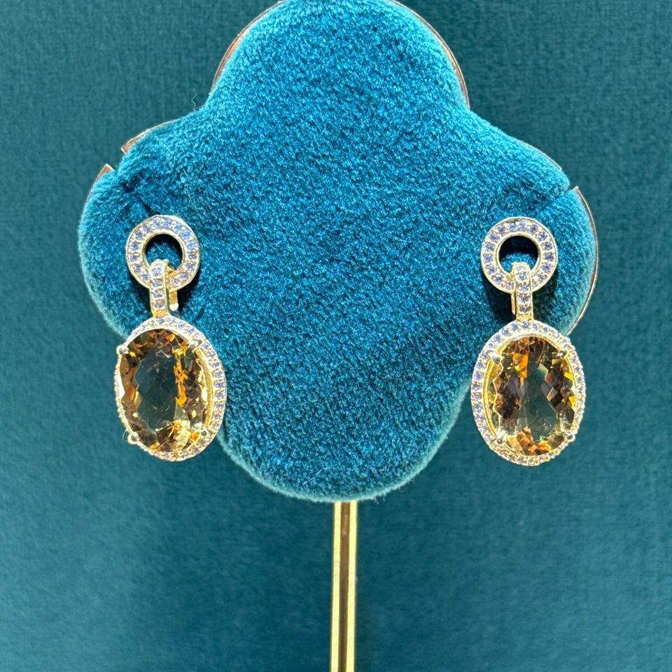 Amber Stone Halo Drop Earrings — Silver 92.5